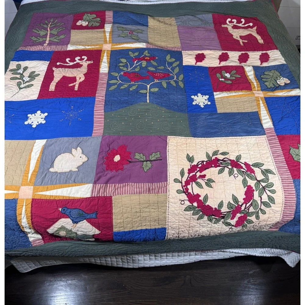 VTG Folk‎ Art Quilt Queen Hand Appliqué Woodland Christmas Patchwork Farmhouse